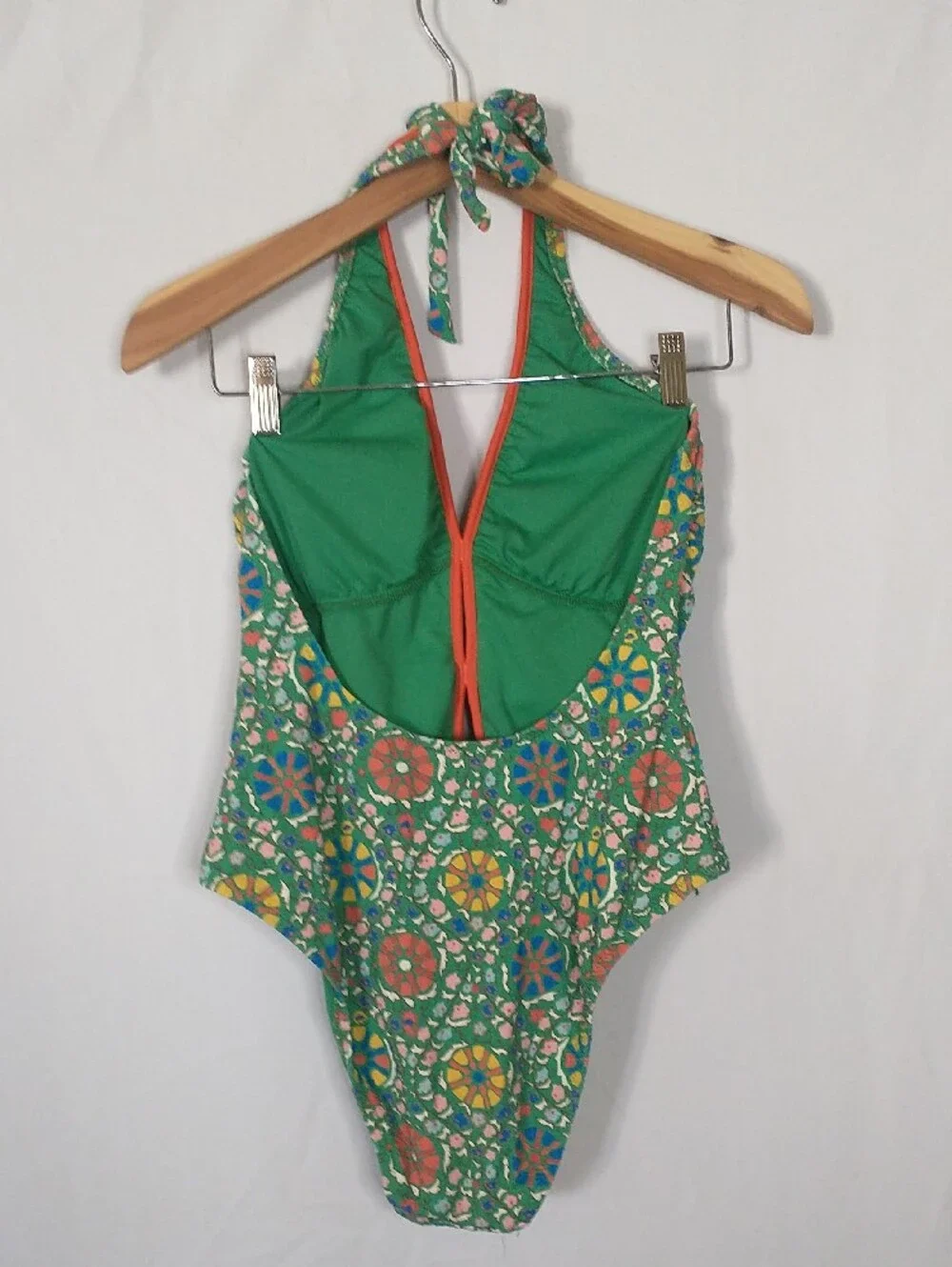 RHODE Tropical Green Floral One-Piece Bathing suit with Orange Trim